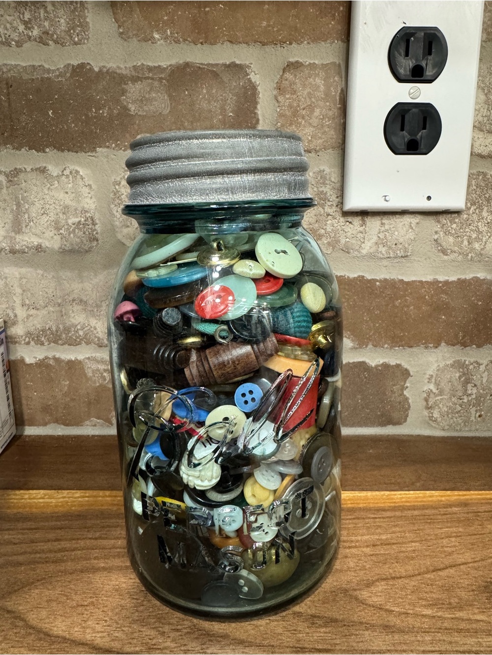 Vintage Glass Mason Jar with Silver Lid - Multi-Color Button Storage